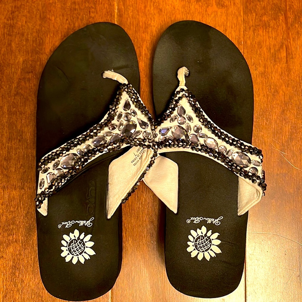 Yellow Box Black and Silver Jeweled Thong Sandals